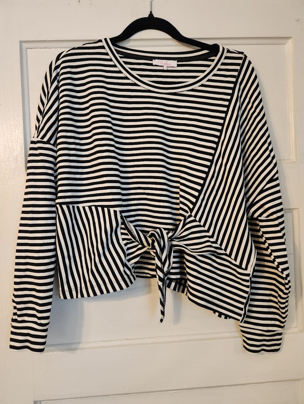 Parker Top, Nanette Tie Waist Black & White Striped Shirt, Sz Large, Stretch EUC